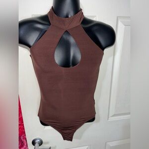 NWOT Brown Halter Bodysuit with Keyhole Detail XS